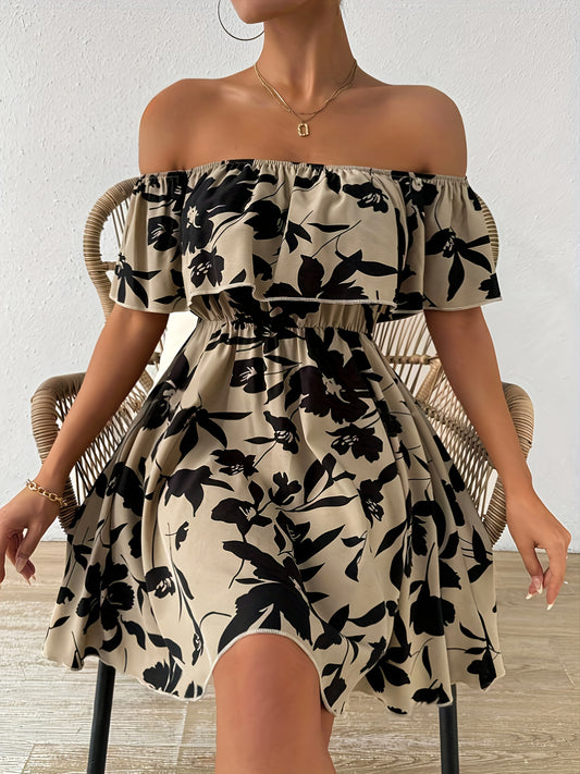 A Stylish Off-Shoulder Dress for Women, Featuring a Floral Pattern And a Ruffled Hem.