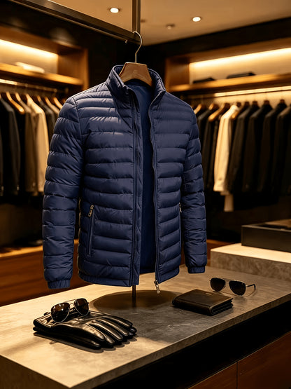 Men's Lightweight Quilted Zip-Up Jacket with Stand Collar
