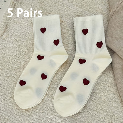 Women's 5 Pairs Mid-Calf Heart Pattern Socks, Soft Polyester