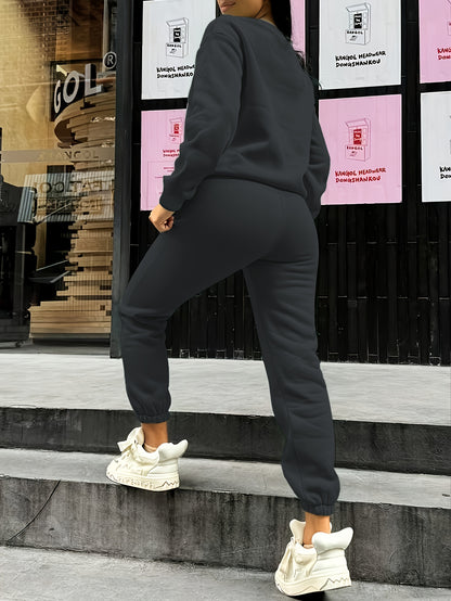 Women's Fleece Sweatsuit Set with Heart Print for Fall/Winter - ayq