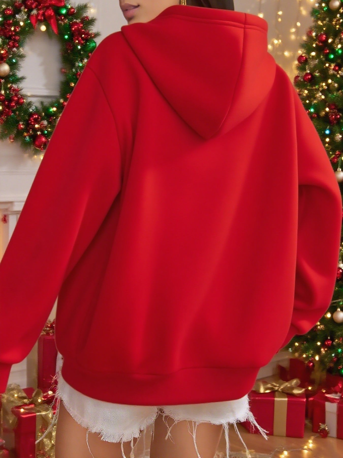 Women'S Red & Dark Green Christmas Hooded Sweatshirt with Reindeer & Snowflake Print, Cozy Winter Pullover Hoodie, Loose Fit Casual Sweater for Holiday Party