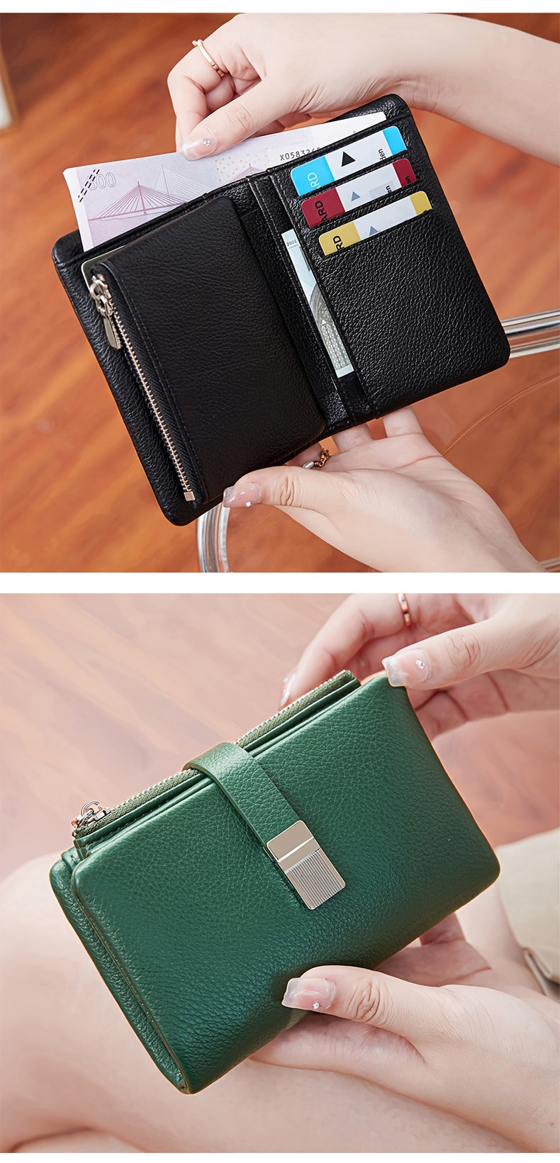 A Compact Trifold Wallet Made of Soft PU in a Solid Color, Featuring Metal Accents. It Includes a Zippered Coin Pocket, Card Slots, And an ID Window, Suitable for Credit Cards, ID Cards, Cash, And Coins. This Modern, Lightwei