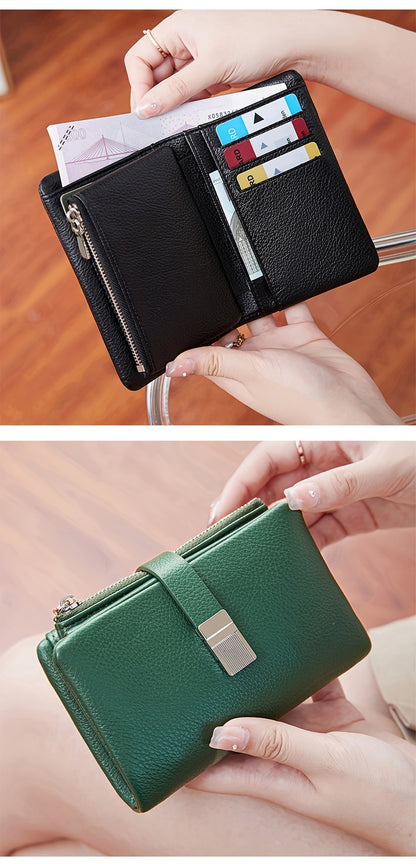 A Compact Trifold Wallet Made of Soft PU in a Solid Color, Featuring Metal Accents. It Includes a Zippered Coin Pocket, Card Slots, And an ID Window, Suitable for Credit Cards, ID Cards, Cash, And Coins. This Modern, Lightwei