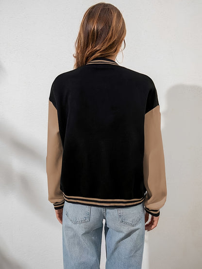 Կանացի առօրյա երկարաթև բեյսբոլի բաճկոն «A» տառի դետալով - սև և բեժ երկգույն դիզայն, կոճակներով առջևի մաս, գրպաններ, աշուն/ձմեռ նորաձև վերնազգեստ, աշուն-ձմեռ հագուստ | կոճակներով բաճկոն | ֆունկցիոնալ գրպաններ