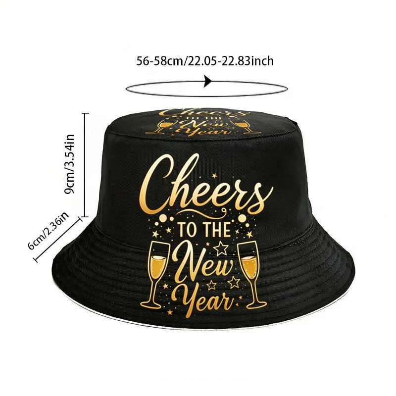 1pc Cheers to the New Year Bucket Hat - Lightweight Reversible Beach Hat with Golden Stars & Champagne Glasses Design, & Golden Party Hat for Men & Women, Christmas Vacation Holiday Headwear Gift