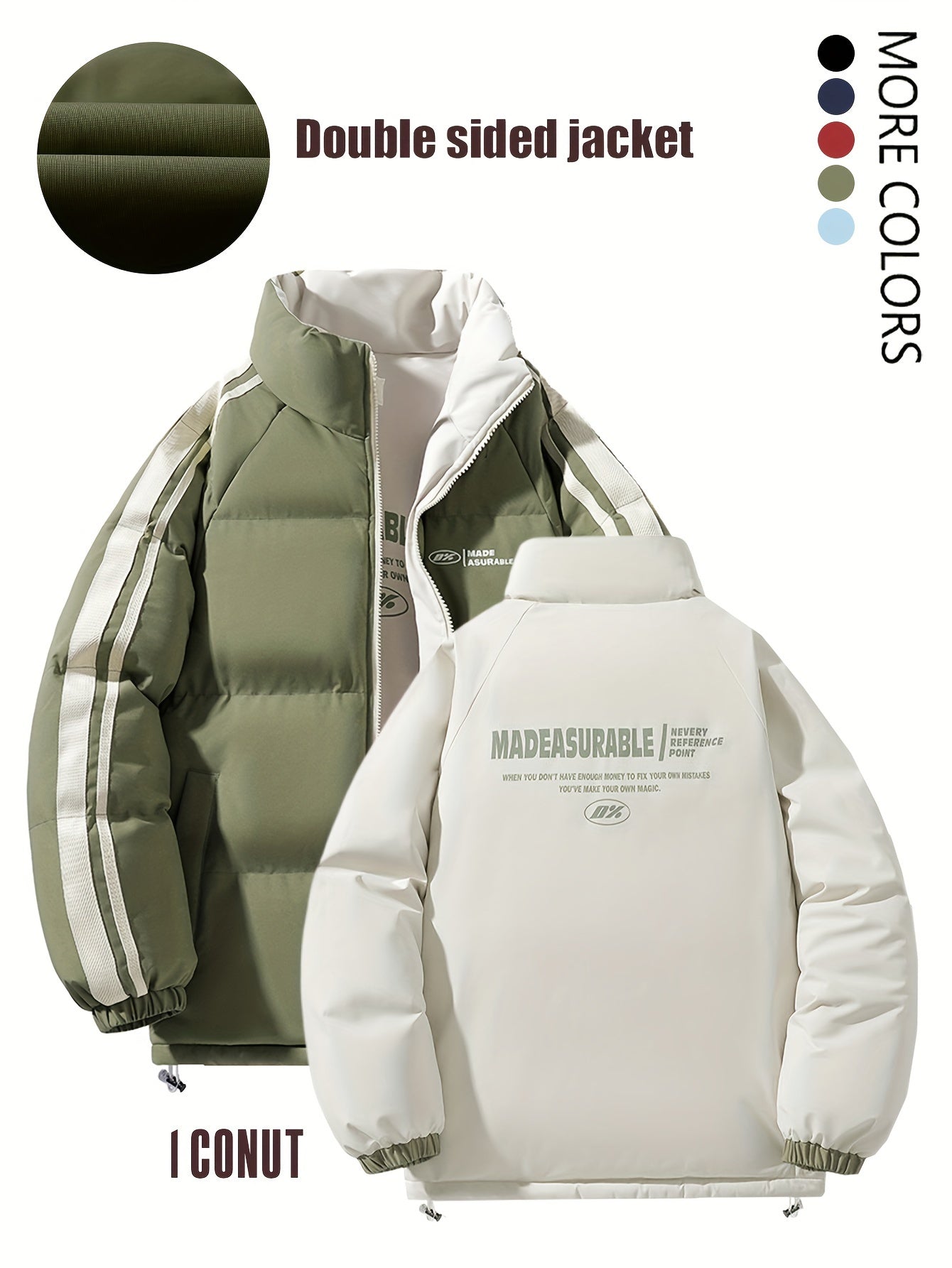 Տղամարդու երկկողմանի ձմեռային բաճկոն՝ հաստացված, կանգուն օձիքով, կայծակաճարմանդով և «MADEASURABLE» և «I CONUT» գրությամբ, սև և սպիտակ, սովորական չափսի՝ աշնանային և ձմռան համար, աշնանային վերնազգեստ, համարձակ գրություն, դիմացկուն գործվածք