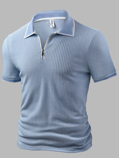 Men's Casual Color-Block Polo Shirt with Zipper, Summer Knit