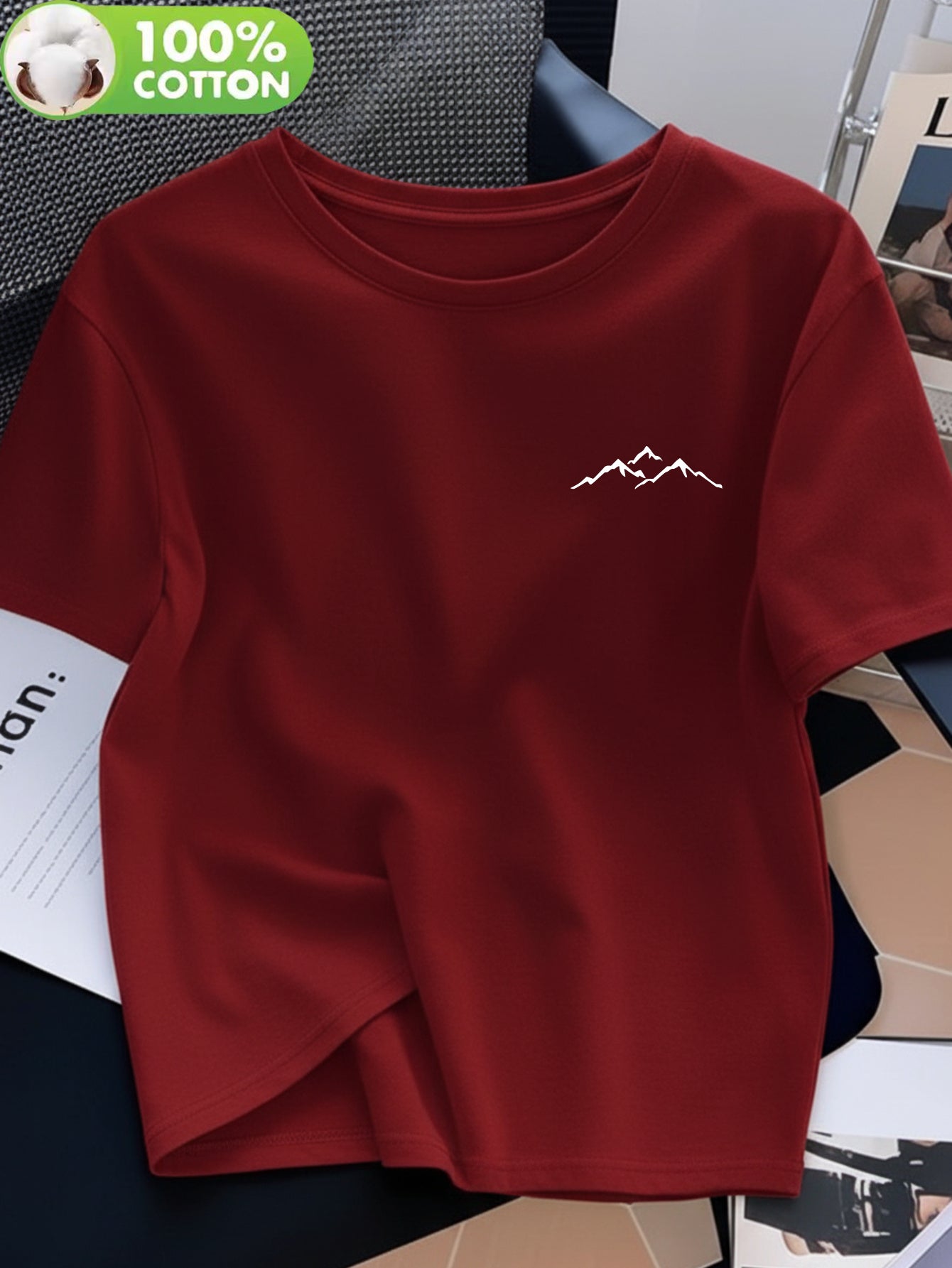 Women's 100% Cotton Crew Neck T-Shirt with Mountain Art Print