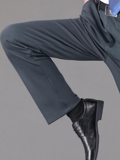[Lightweight Design] Men's High-Waist Stretch Dress Pants - Wrinkle-Resistant, Dark Blue Business Casual with Pockets, Straight Leg Fit for Spring/Fall