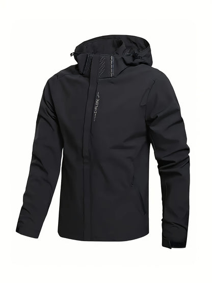 Men's Hooded Casual Windbreaker Jacket - 100% Polyester, Non-Stretch Woven Fabric, Long Sleeve, Regular Length, Alphabet Pattern, Zippered Pockets, Detachable Hood - All-Season Outdoor Lightweight Coat