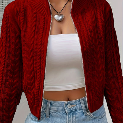 Women's Elegant Zip-Up Cable Cardigan with Stand Collar - Machine Washable Spring/Fall Jacket, White Solid Color, Braided Design & Zipper Front for Casual or Dressy Outfits, Cardigan Sweater, Autumn Layering Piece, Spring Out