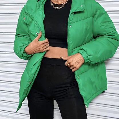 Կանացի նորաձև ձմեռային կայծակաճարմանդով և գլխարկով բաճկոն - ամենօրյա, հաստ վերնազգեստ գրպաններով, երկար թևքերով, չձգվող գործվածք, միագույն, 100գ/մ², իդեալական է ցուրտ եղանակի համար, ձմեռային հագուստ