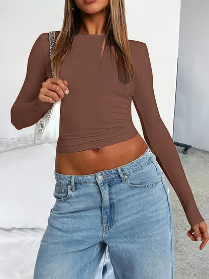Women's Y2K Style Solid Color Crew Neck Long Sleeve T-Shirt, Polyester Knit Fabric, Skinny Fit, Short Length Pullover for Spring/Fall, Ladies T Shirts