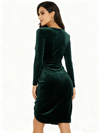 2025 New Velvet V-neck Bodycon Midi Dress | Elegant Cross-Back Sexy Evening Gown for Parties, Solid Color, Long Sleeve, Pencil Fit