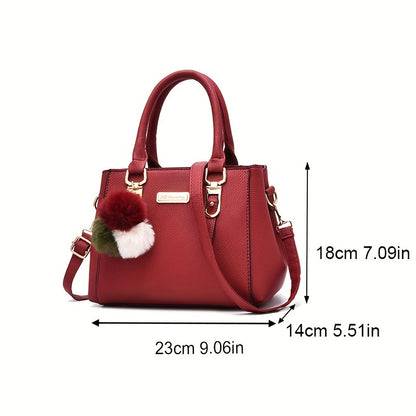 Դասական միագույն կրծկալով պայուսակ, նորաձև, էլեգանտ, համընկնող վերին բռնակով պայուսակ պոմպոնների դեկորով