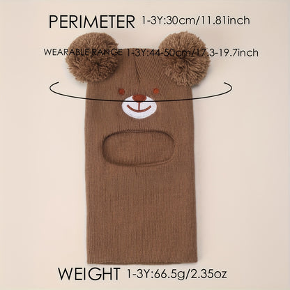 Toddler Bear Knit Balaclava Hat with Pom-Poms for Winter