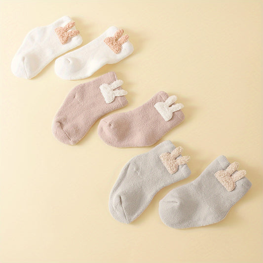 3 Pairs Cozy Terrycloth Cartoon Youngsters Socks - Thick Mid-Calf, Candy Colors (White, Pink, Light Gray), Soft & Warm for Autumn/Winter, Hand Wash Only, Youngsters Socks