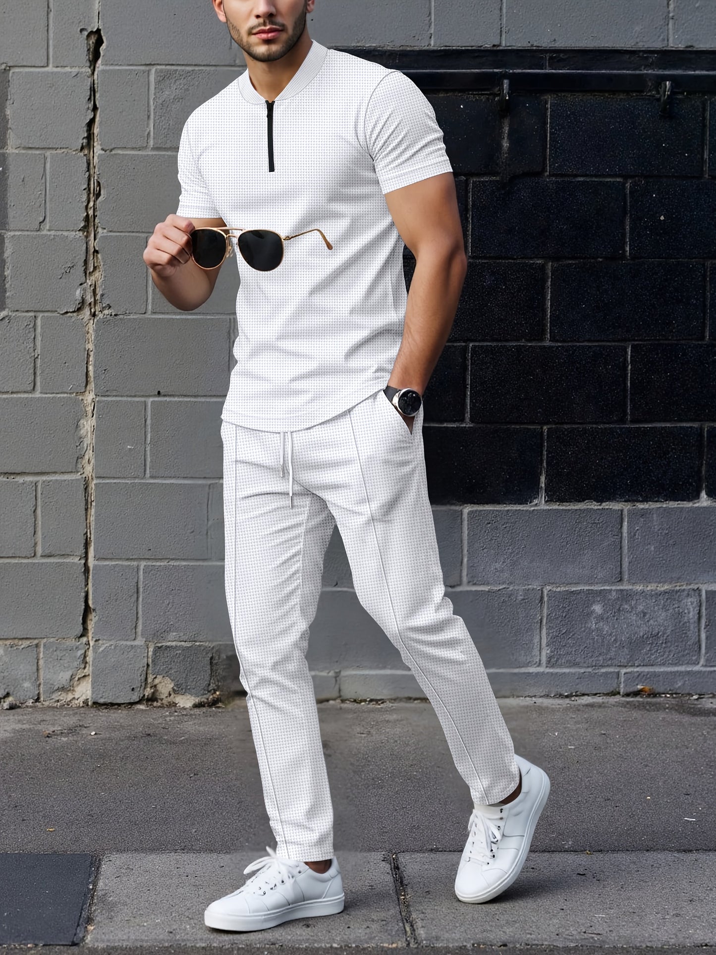 Men's Waffle Knit Zipper Shirt, Rib Collar Short Sleeve T-Shirt, Casual Breathable Summer Top - ayq