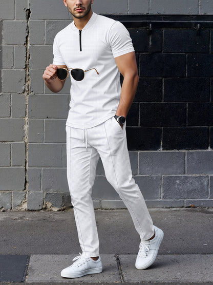 Men's Waffle Knit Zipper Shirt, Rib Collar Short Sleeve T-Shirt, Casual Breathable Summer Top - ayq