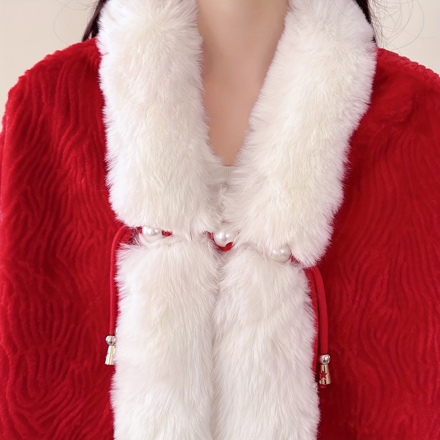 Festive Shawl Wrap with Faux Fur Trim and Pearl Accents - 100% Polyester Christmas Poncho Cape for Party and Wedding, Warm Decorative Inelastic Shawl for Winter, Hand Washable