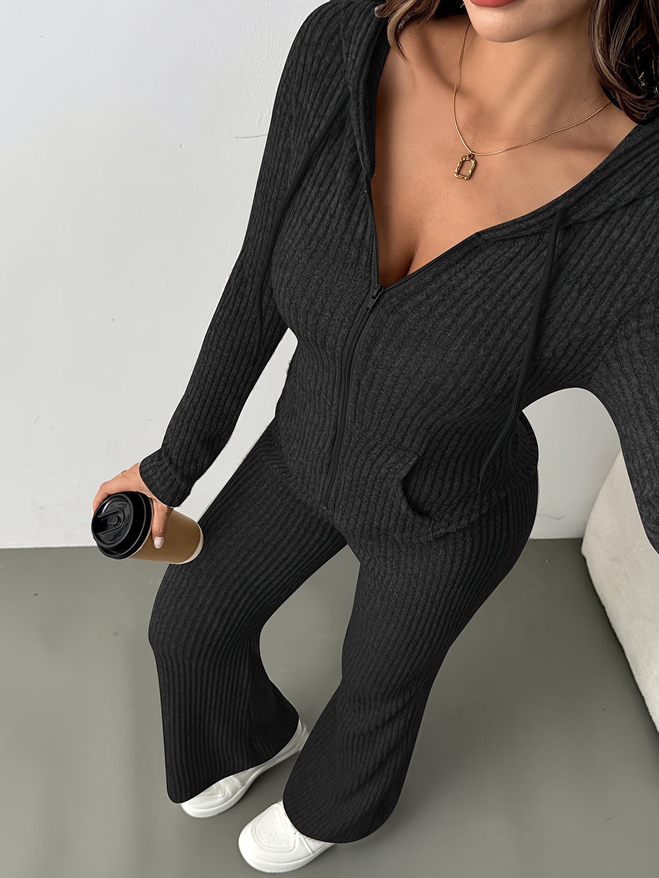 2pcs Women's Solid Color Hooded Zip-up Top and Casual Flared Pants Set - ayq