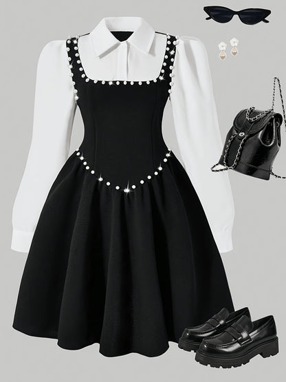 Girls' Elegant Black and White Pearl-Appliqué Dress for Spring/Fall