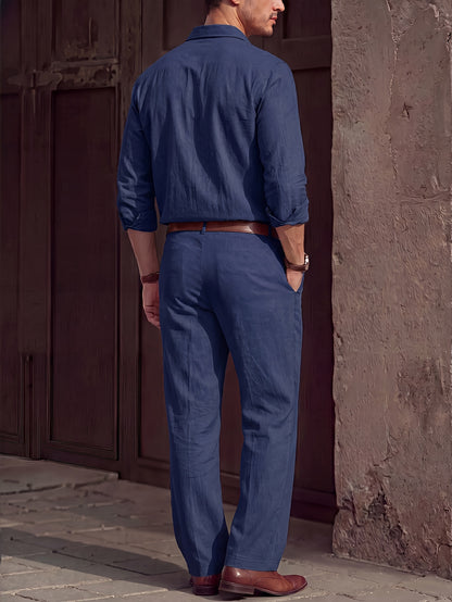 Men's Lightweight Linen Long-Sleeve Shirt & Pants Set for Spring/Fall