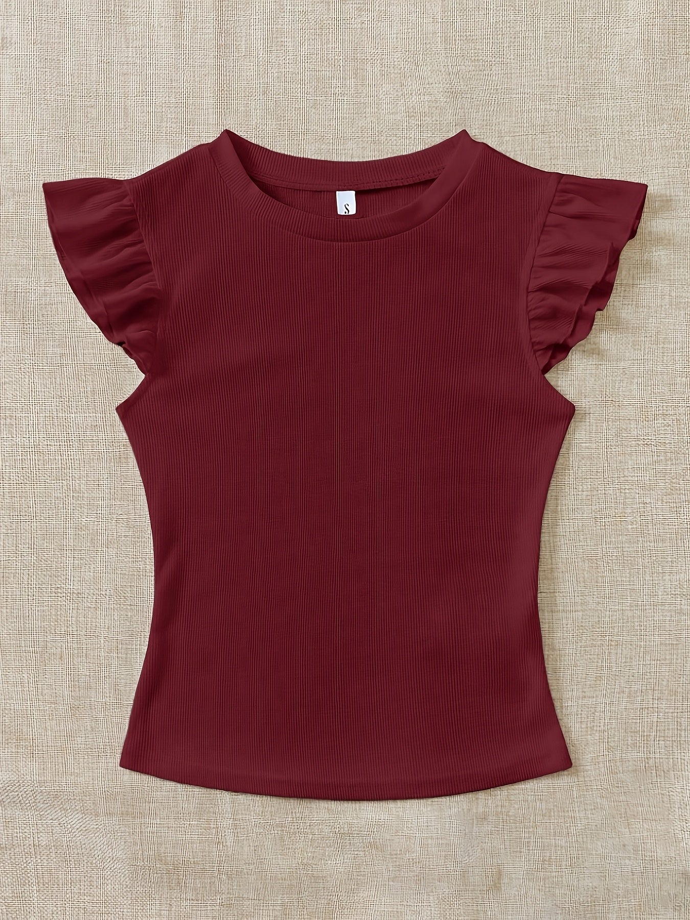 Slim Fit Ribbed Ruffle Sleeve T-Shirt for Women, Summer Chic - ayq