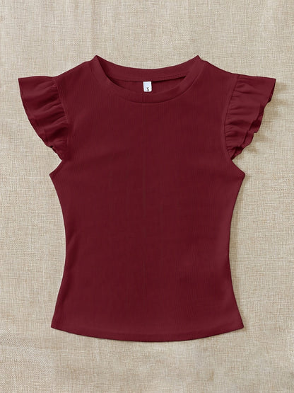 Slim Fit Ribbed Ruffle Sleeve T-Shirt for Women, Summer Chic - ayq