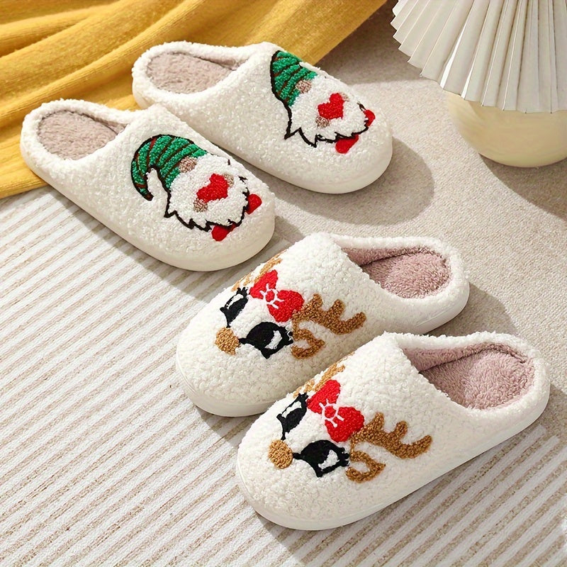 Men'S & Women'S Plush Slippers - Cute Santa Hat & Reindeer Design with Red & Green Stripes, Soft Plush Lining & TPR Sole - Cozy Winter House Shoes for Christmas, Holiday Parties - Lightweight Comfortable Indoor/outdoor Footwe