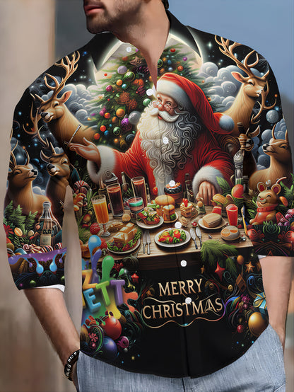 Men's Christmas Santa Claus & Reindeer Print Collar Long Sleeve Shirt - Full-Zipper-Free Button-Front Closure, Non-Stretch Holiday Party Costume or Casual Wear, Machine Washable Festive Attire with All-Over Christmas Motifs (
