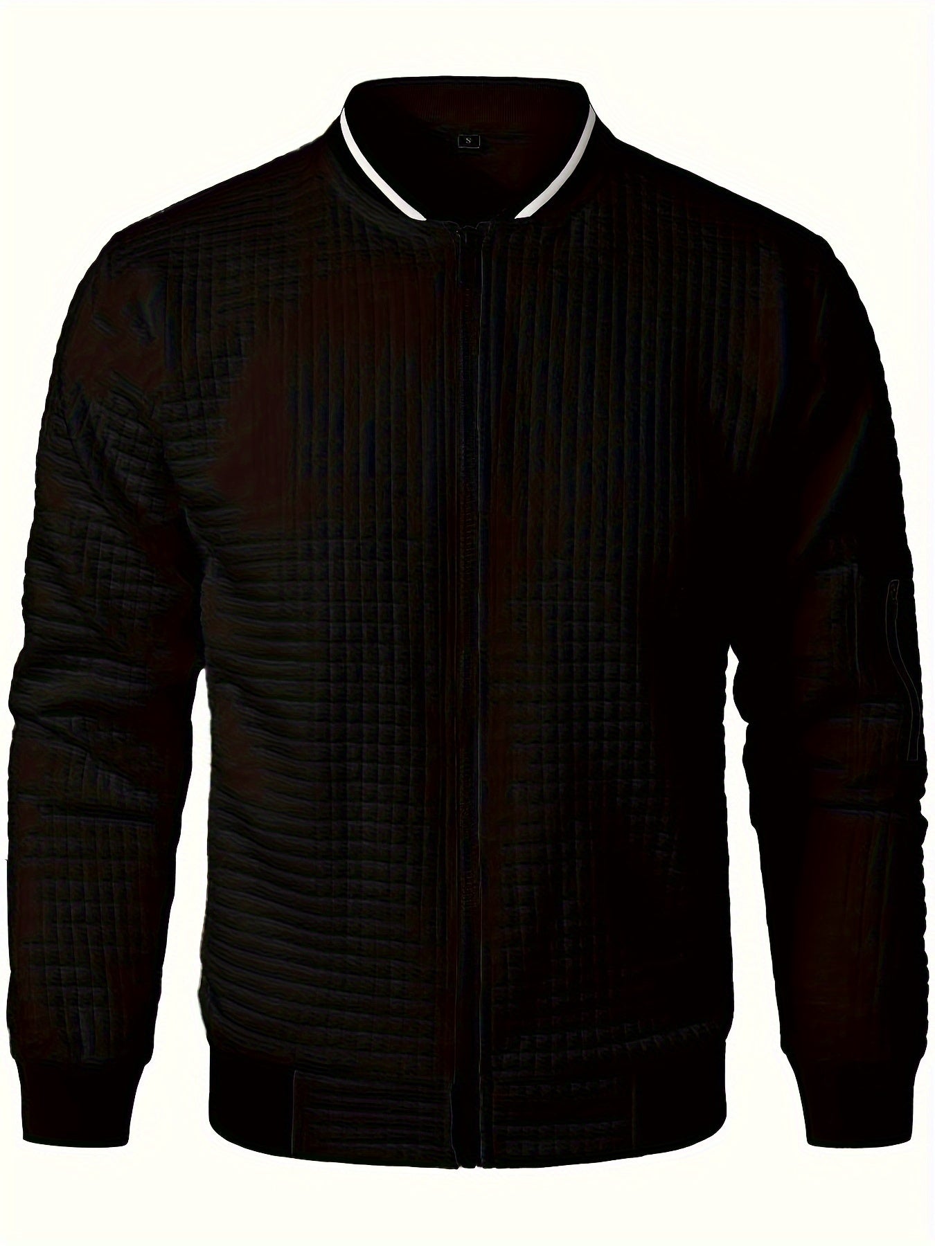 Men's Casual Bomber Jacket with Stand Collar - Polyester and Elastane Blend, Knit Fabric with Slight Stretch, Solid Color, Zipper Detail, Long Sleeve, Regular Fit