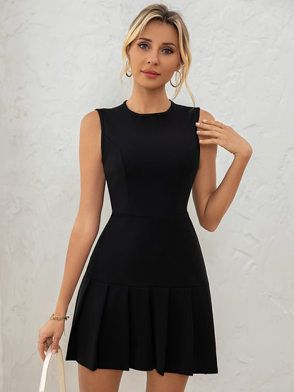 A Black Sleeveless Solid Color Ruffled Mini Dress for Women, Perfect for Birthdays, Parties, And Cocktail Events.