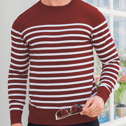 Գարնանային և աշնանային ամենօրյա երկգույն գծավոր տղամարդու սվիտեր-պուլովեր՝ գունավոր բլոկներով, կլոր վզնոցով, տղամարդու տրիկոտաժե վերնաշապիկ