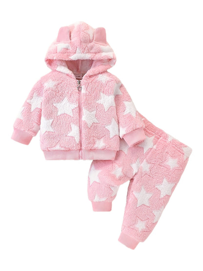 Newborn Cute Baby Girl Autumn and Winter Season, Thickened Plush Newborn Cartoon Star Pattern Hooded Zipper Long Sleeve Warm Top + Star Pattern Plush Warm Pants Set. Essential for Outdoor Travel and Home Use, Recommended Gift