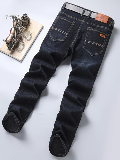 Men's Classic Business Casual Jeans - All-Season Black Denim with Patch Detail, Comfort Fit & Versatile Style