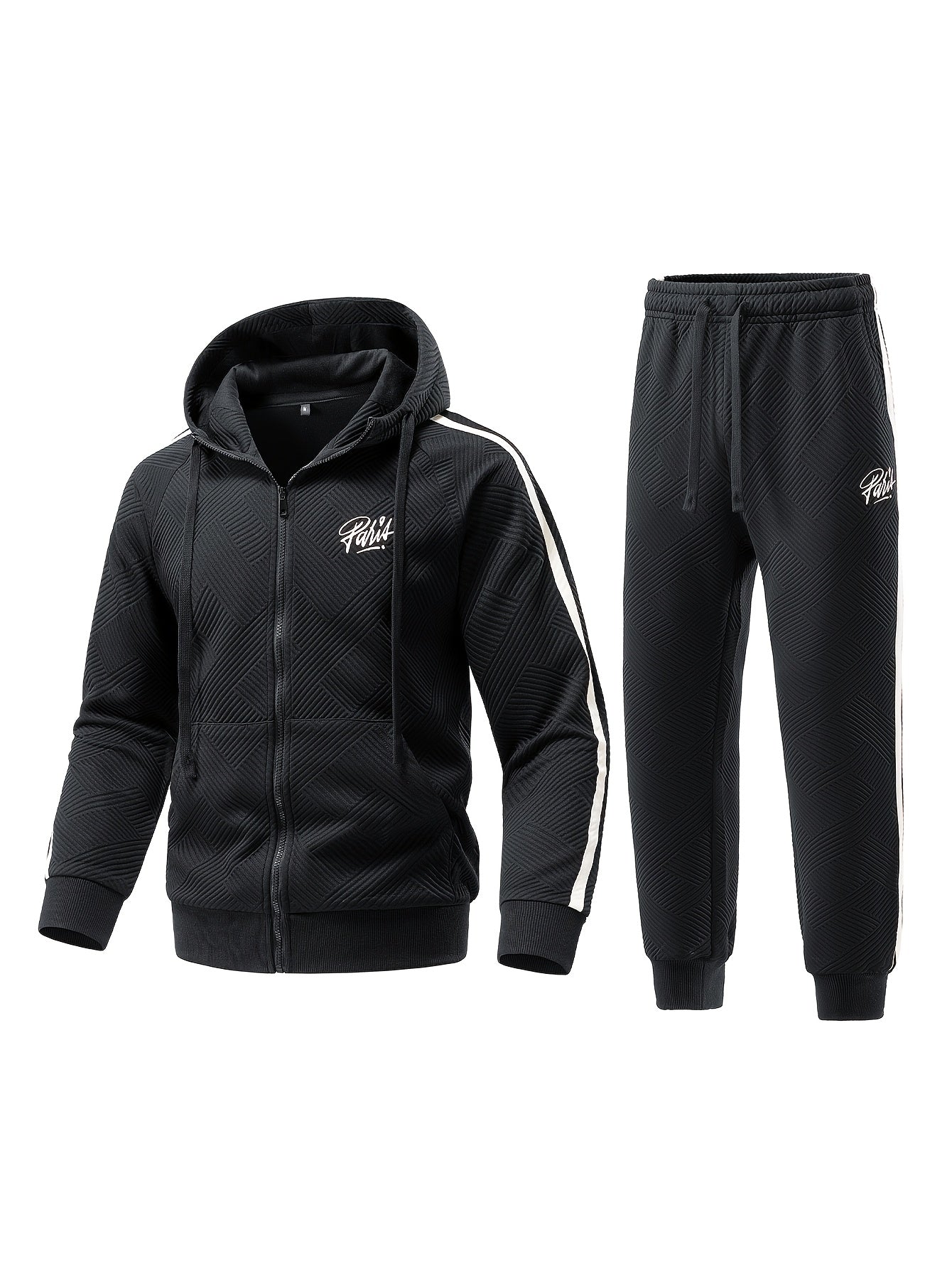 Men's Spring & Fall Jacquard Embroidered Striped Tracksuit Set - 2pcs Zip-Up Hoodie & Pants for Daily Wear, Sports & Outdoor Trips