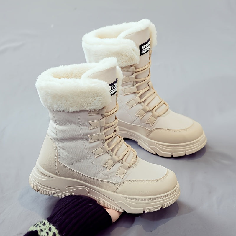 Women'S Winter Boots - Thick Platform Sole for Height & Traction, Lace-Up Mid-Calf Boots with PU Synthetic Cover Upper, Non-Slip PVC Outsole - Beige/White Cold Weather Shoes for Everyday, Formal, Party - Easy-Clean & Durable