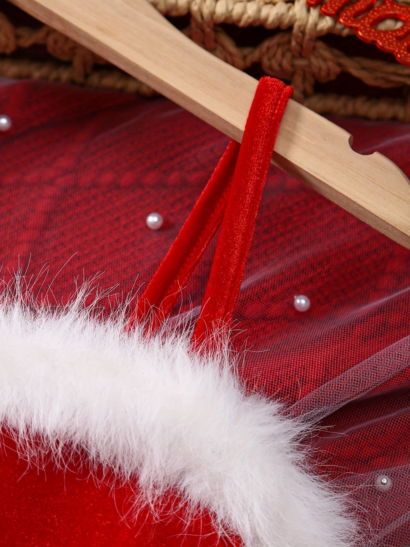 Girls' Christmas Red & White Tulle Dress with Spaghetti Strap Off-Shoulder Neckline, Long Sleeves, Fluffy Trim Hem & Golden Belt - Elegant Party Dress for Holiday Celebrations, Christmas Pageant, New Year's Eve - Machine Wash