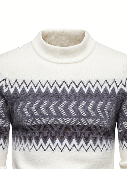 SENMEIGUO տղամարդու ամենօրյա, կլոր վզնոցով տրիկոտաժե սվիտեր՝ հարմարավետ, երկար թևքերով, գծավոր նախշերով, բարձր ձգվող ակրիլային խառնուրդով՝ աշուն/ձմեռ