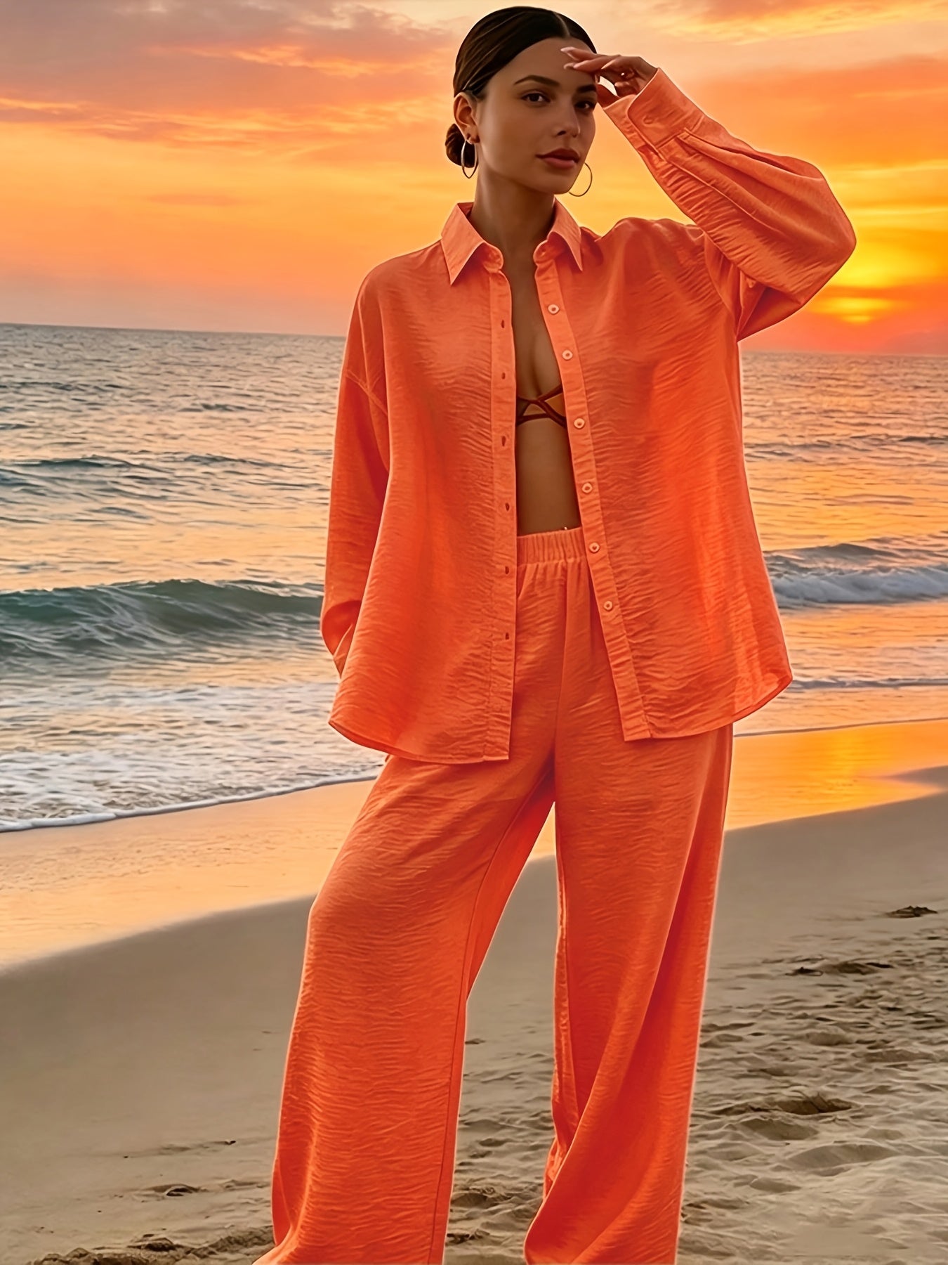 Elegant Solid Color Vacation Set: Loose Long-Sleeve Shirt & Wide-Leg P
