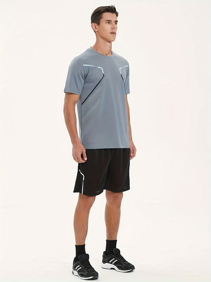 2pcs Men's Summer Sportswear Set - Comfortable Polyester Crew Neck T-Shirt & Black Drawstring Shorts with Side Stripe, Casual Style, Easy Care, Athletic Shorts