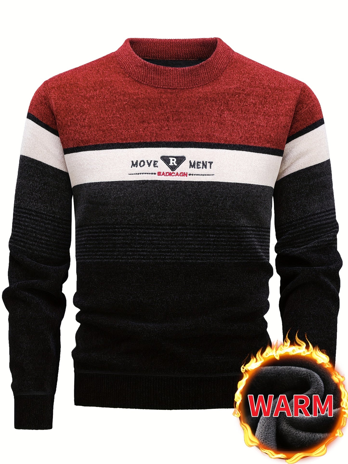 Temujin Men'S Winter Round Neck Sweater with Fleece, Knitted with Embroidered Stripes And Casual Letters for Warmth And a Fitted Style