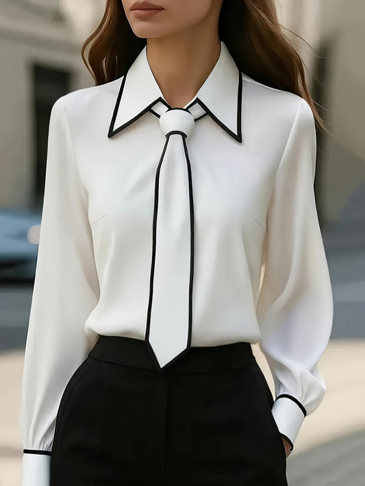 Women's Black & White Color-Block Knotted Long Sleeve Shirt - ayq