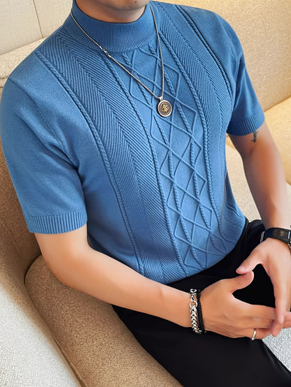 Men's New Solid Color Rhombus Fashion Semi-High Neck Knit Sweater, Spring/Summer Casual Short Sleeve Knit Top - ayq