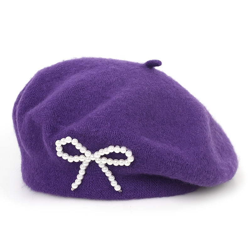 1pc Women's Wool Beret with Pearl Bow - Elegant, Breathable, and Stylish in Multiple Colors (Black, Brown, Gray, Beige, Purple, Pink) for Casual Attire
