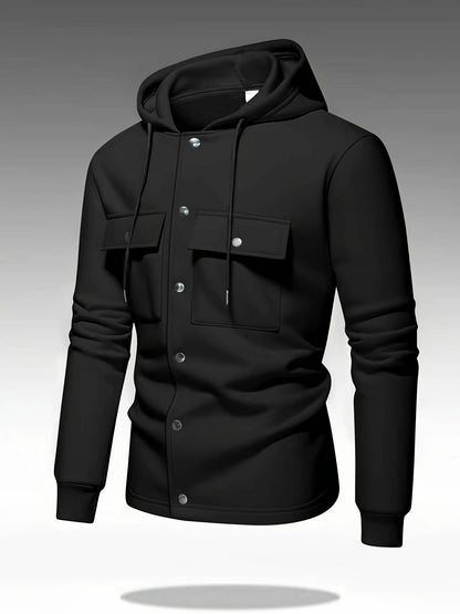 Men's Heavy-Duty Hooded Sweatshirt with Full-Zip Front & Utility Pockets - Olive Green Tactical-Style Outdoor Jacket, Long Sleeve Casual Pullover for Hiking, Camping, Casual Attire - Spring/Fall Layering Essential (Regular Fi