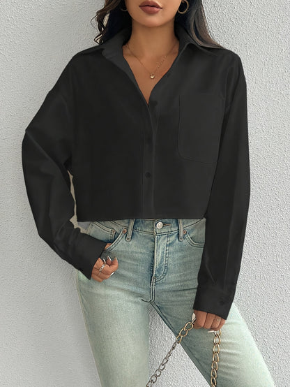Elegant Women'S Solid Color Short Blouse with Front Pocket, 100% Polyester Woven Shirt, Versatile All-Season Top with Collared Neckline and Button-Up Closure
