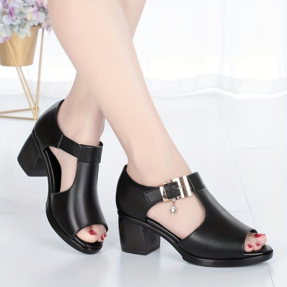 Elegant Women'S Open-Toe Chunky Heel Shoes - Comfortable Mid-Height with Golden Buckle Strap, Breathable Cut-Out Design, Shock-Absorbing Insole  Durable Rubber Sole for Summer Casual  Formal Occasions, High Heel Footwear, D