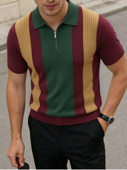 Men's Striped Knit Polo Shirt with Half-Zip for Summer Workwear